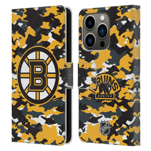 NHL Boston Bruins Camouflage Leather Book Wallet Case Cover For Apple iPhone 14 Pro