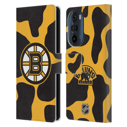 NHL Boston Bruins Cow Pattern Leather Book Wallet Case Cover For Motorola Edge 30