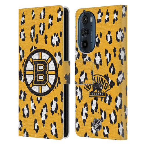 NHL Boston Bruins Leopard Patten Leather Book Wallet Case Cover For Motorola Edge 30