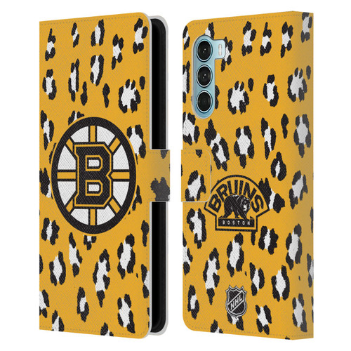 NHL Boston Bruins Leopard Patten Leather Book Wallet Case Cover For Motorola Edge S30 / Moto G200 5G