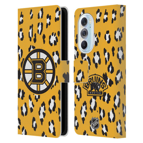 NHL Boston Bruins Leopard Patten Leather Book Wallet Case Cover For Motorola Edge X30