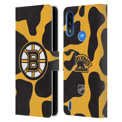 NHL Boston Bruins Cow Pattern Leather Book Wallet Case Cover For Motorola Moto E7 Power / Moto E7i Power