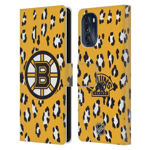 NHL Boston Bruins Leopard Patten Leather Book Wallet Case Cover For Motorola Moto G (2022)