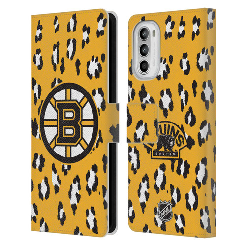 NHL Boston Bruins Leopard Patten Leather Book Wallet Case Cover For Motorola Moto G52