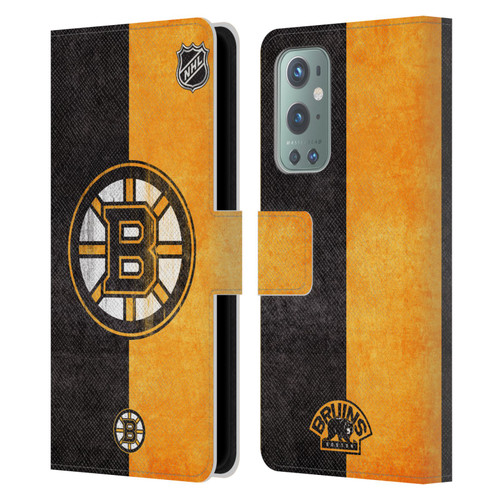 NHL Boston Bruins Half Distressed Leather Book Wallet Case Cover For OnePlus 9