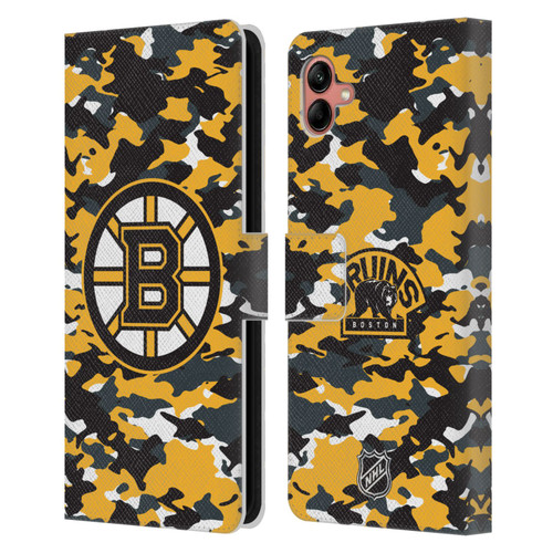 NHL Boston Bruins Camouflage Leather Book Wallet Case Cover For Samsung Galaxy A04 (2022)