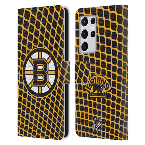 NHL Boston Bruins Net Pattern Leather Book Wallet Case Cover For Samsung Galaxy S21 Ultra 5G