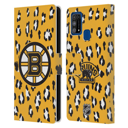 NHL Boston Bruins Leopard Patten Leather Book Wallet Case Cover For Samsung Galaxy M31 (2020)
