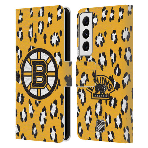 NHL Boston Bruins Leopard Patten Leather Book Wallet Case Cover For Samsung Galaxy S22 5G
