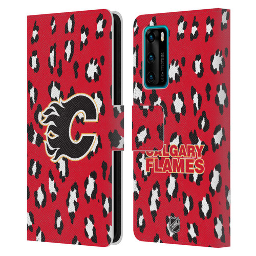 NHL Calgary Flames Leopard Patten Leather Book Wallet Case Cover For Huawei P40 5G