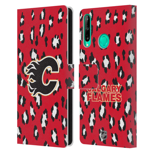 NHL Calgary Flames Leopard Patten Leather Book Wallet Case Cover For Huawei P40 lite E