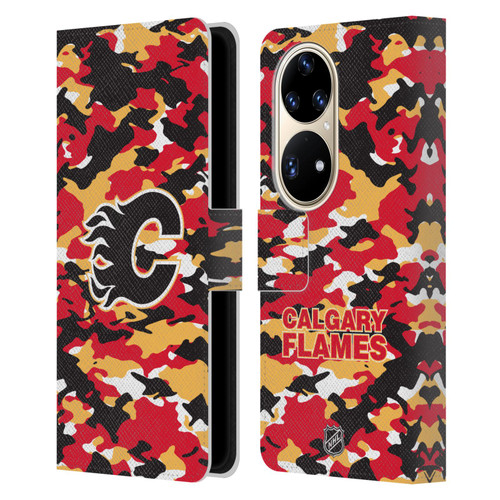 NHL Calgary Flames Camouflage Leather Book Wallet Case Cover For Huawei P50 Pro