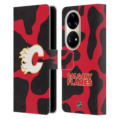 NHL Calgary Flames Cow Pattern Leather Book Wallet Case Cover For Huawei P50 Pro