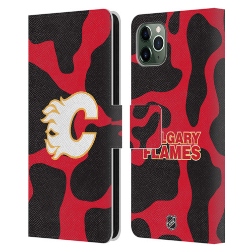NHL Calgary Flames Cow Pattern Leather Book Wallet Case Cover For Apple iPhone 11 Pro Max