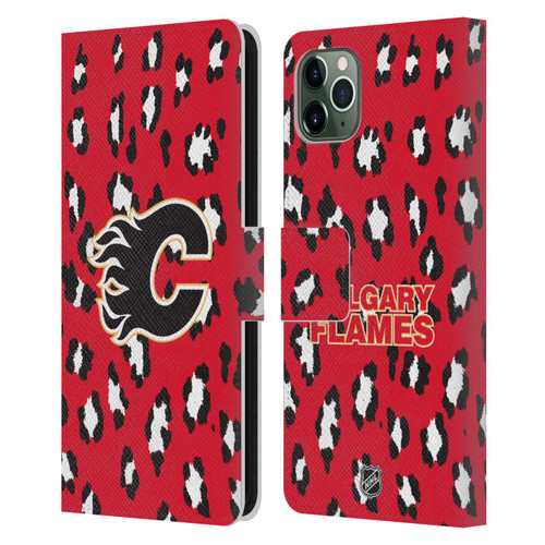 NHL Calgary Flames Leopard Patten Leather Book Wallet Case Cover For Apple iPhone 11 Pro Max