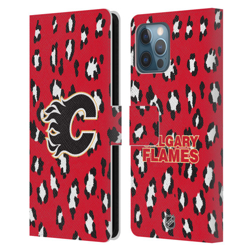 NHL Calgary Flames Leopard Patten Leather Book Wallet Case Cover For Apple iPhone 12 Pro Max