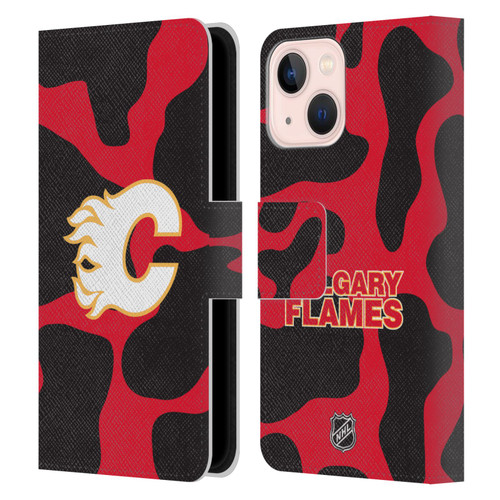 NHL Calgary Flames Cow Pattern Leather Book Wallet Case Cover For Apple iPhone 13 Mini