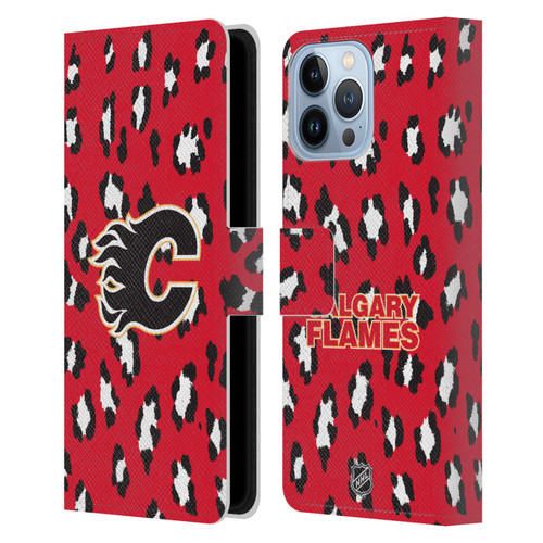 NHL Calgary Flames Leopard Patten Leather Book Wallet Case Cover For Apple iPhone 13 Pro Max