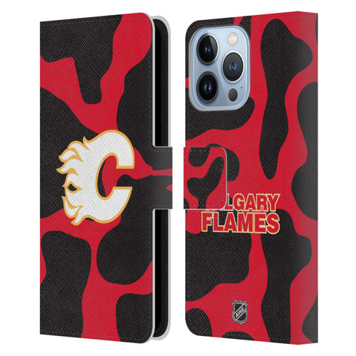 NHL Calgary Flames Cow Pattern Leather Book Wallet Case Cover For Apple iPhone 13 Pro