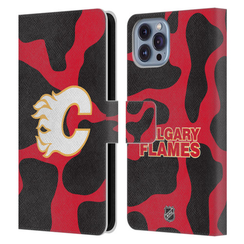 NHL Calgary Flames Cow Pattern Leather Book Wallet Case Cover For Apple iPhone 14
