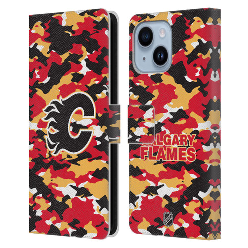 NHL Calgary Flames Camouflage Leather Book Wallet Case Cover For Apple iPhone 14 Plus