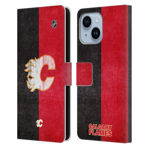 NHL Calgary Flames Half Distressed Leather Book Wallet Case Cover For Apple iPhone 14 Plus
