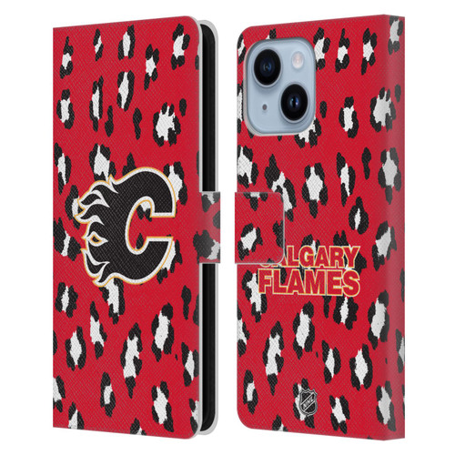 NHL Calgary Flames Leopard Patten Leather Book Wallet Case Cover For Apple iPhone 14 Plus
