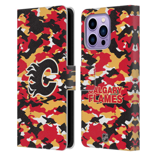 NHL Calgary Flames Camouflage Leather Book Wallet Case Cover For Apple iPhone 14 Pro Max
