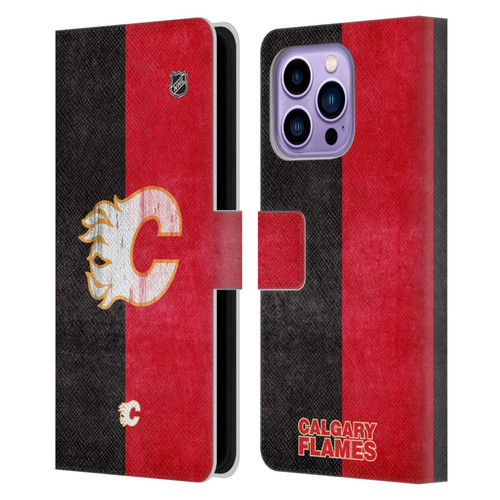 NHL Calgary Flames Half Distressed Leather Book Wallet Case Cover For Apple iPhone 14 Pro Max