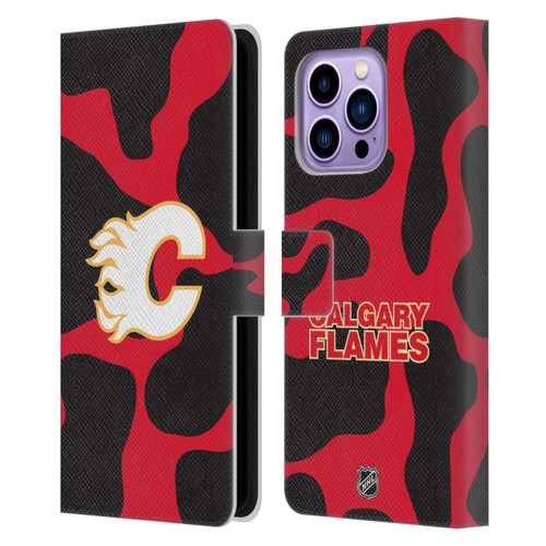 NHL Calgary Flames Cow Pattern Leather Book Wallet Case Cover For Apple iPhone 14 Pro Max