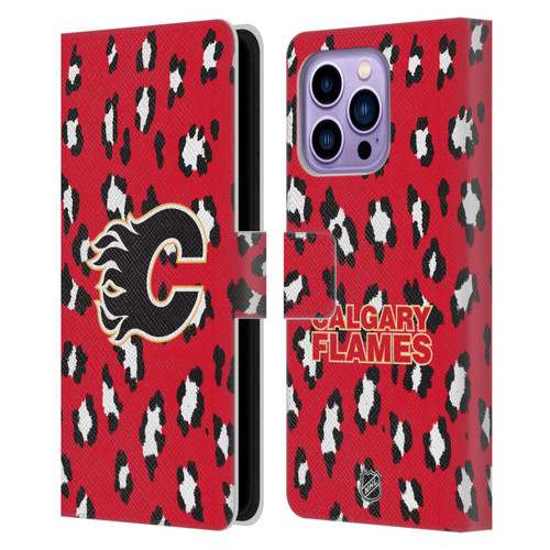 NHL Calgary Flames Leopard Patten Leather Book Wallet Case Cover For Apple iPhone 14 Pro Max