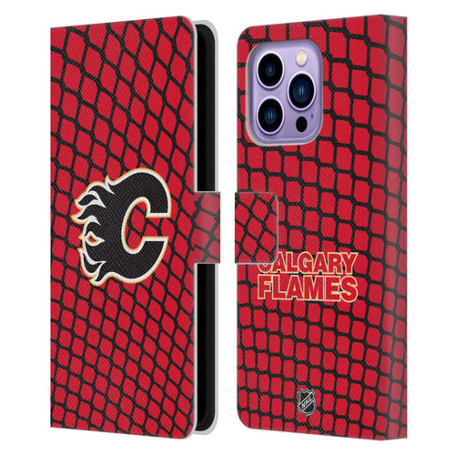 NHL Calgary Flames Net Pattern Leather Book Wallet Case Cover For Apple iPhone 14 Pro Max
