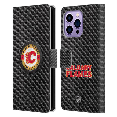 NHL Calgary Flames Puck Texture Leather Book Wallet Case Cover For Apple iPhone 14 Pro Max