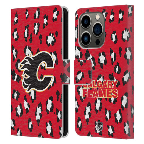 NHL Calgary Flames Leopard Patten Leather Book Wallet Case Cover For Apple iPhone 14 Pro