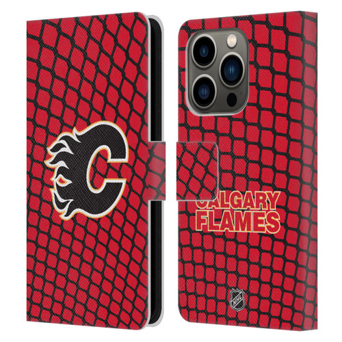NHL Calgary Flames Net Pattern Leather Book Wallet Case Cover For Apple iPhone 14 Pro