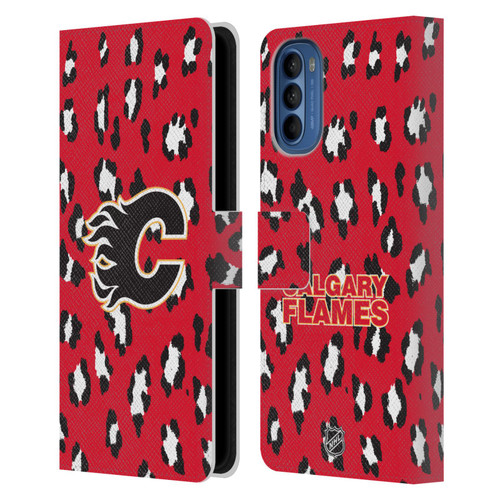 NHL Calgary Flames Leopard Patten Leather Book Wallet Case Cover For Motorola Moto G41