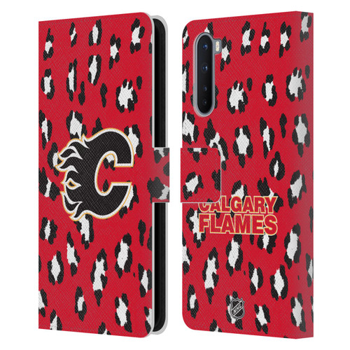 NHL Calgary Flames Leopard Patten Leather Book Wallet Case Cover For OnePlus Nord 5G