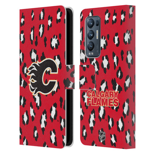 NHL Calgary Flames Leopard Patten Leather Book Wallet Case Cover For OPPO Find X3 Neo / Reno5 Pro+ 5G