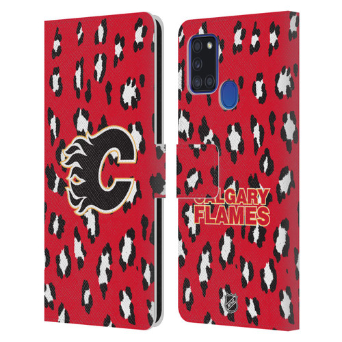 NHL Calgary Flames Leopard Patten Leather Book Wallet Case Cover For Samsung Galaxy A21s (2020)