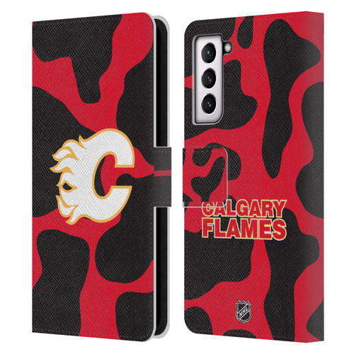 NHL Calgary Flames Cow Pattern Leather Book Wallet Case Cover For Samsung Galaxy S21 5G