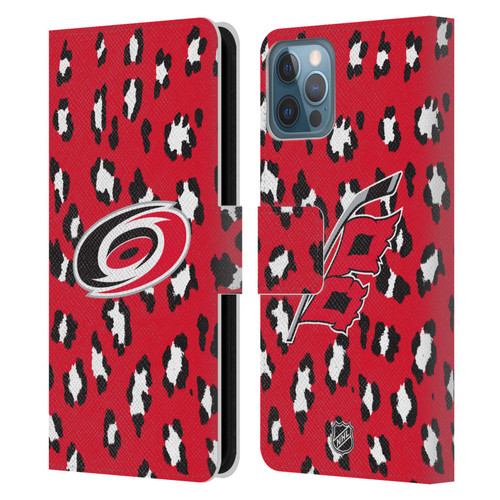 NHL Carolina Hurricanes Leopard Patten Leather Book Wallet Case Cover For Apple iPhone 12 / iPhone 12 Pro