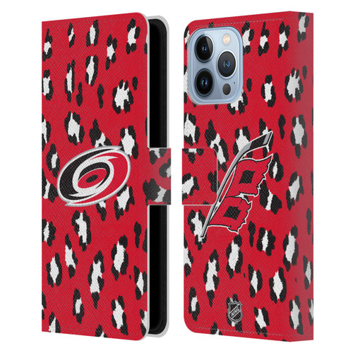 NHL Carolina Hurricanes Leopard Patten Leather Book Wallet Case Cover For Apple iPhone 13 Pro Max