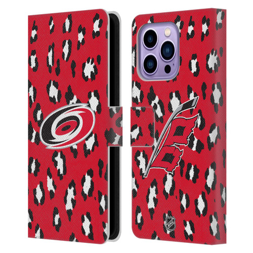 NHL Carolina Hurricanes Leopard Patten Leather Book Wallet Case Cover For Apple iPhone 14 Pro Max