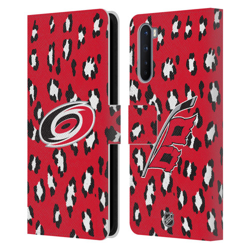 NHL Carolina Hurricanes Leopard Patten Leather Book Wallet Case Cover For OnePlus Nord 5G