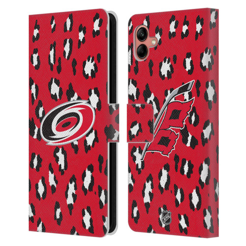 NHL Carolina Hurricanes Leopard Patten Leather Book Wallet Case Cover For Samsung Galaxy A04 (2022)