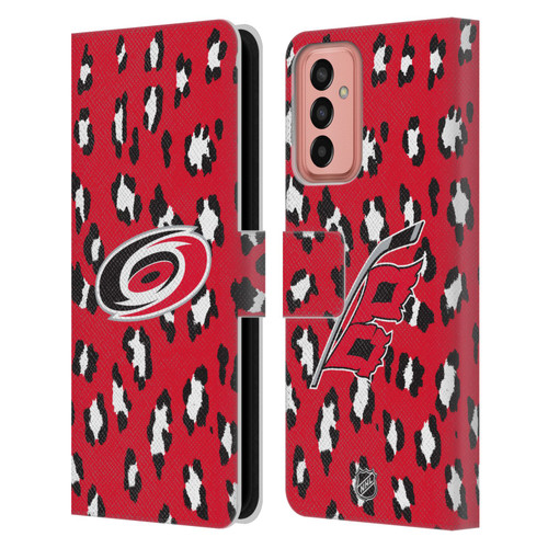 NHL Carolina Hurricanes Leopard Patten Leather Book Wallet Case Cover For Samsung Galaxy M13 (2022)