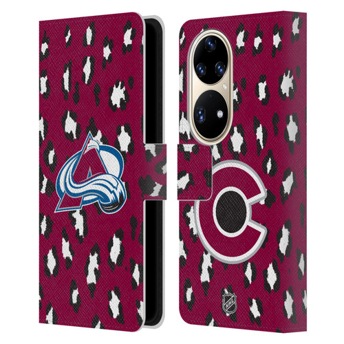 NHL Colorado Avalanche Leopard Patten Leather Book Wallet Case Cover For Huawei P50 Pro