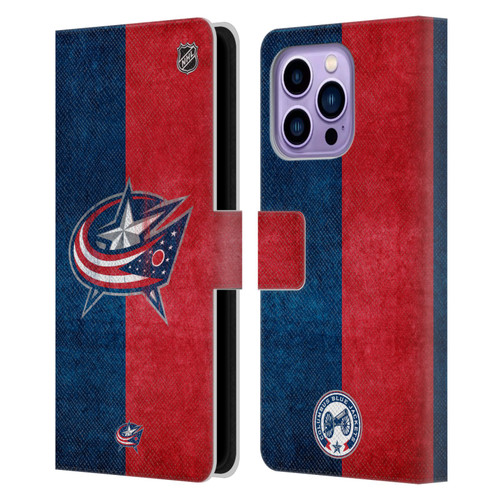 NHL Columbus Blue Jackets Half Distressed Leather Book Wallet Case Cover For Apple iPhone 14 Pro Max