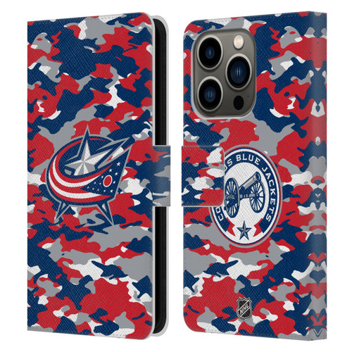 NHL Columbus Blue Jackets Camouflage Leather Book Wallet Case Cover For Apple iPhone 14 Pro