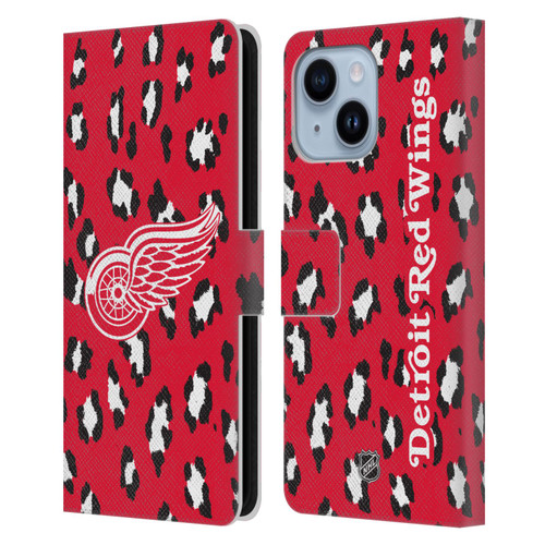 NHL Detroit Red Wings Leopard Patten Leather Book Wallet Case Cover For Apple iPhone 14 Plus